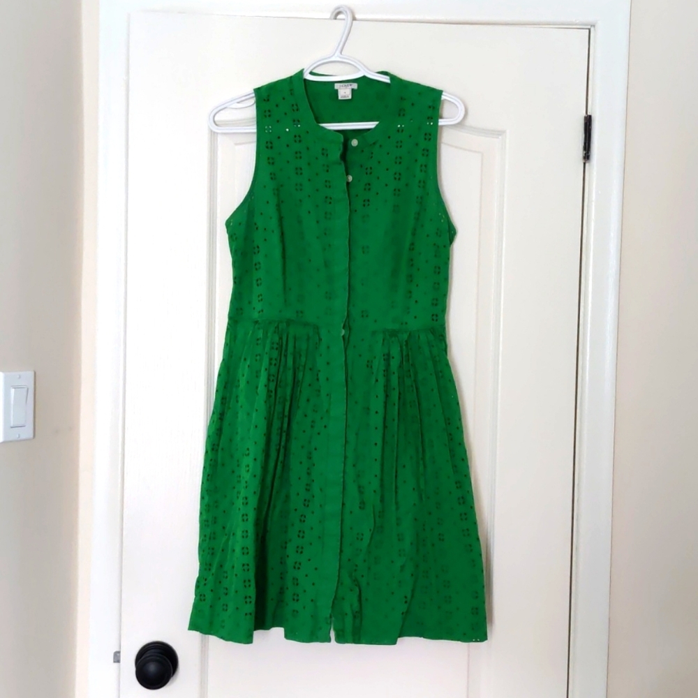 J Crew Medium Emerald Green Eyelet Embroidered Dress with Pockets